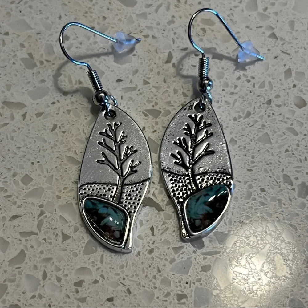 Vintage Minimalist Tree fake Turquoise Pendant‎ Earring